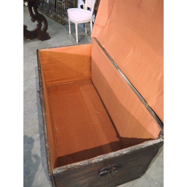 A Fascinating 17th Century Carved and Iron Studded French Trunk, Dated 1632 For Sale - Image 14 of 18