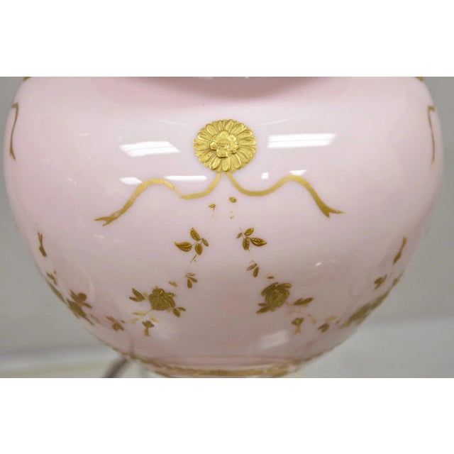 French Antique French Louis XV Pink Porcelain Gold Painted Bulbous Table Lamps - A Pair For Sale - Image 3 of 12