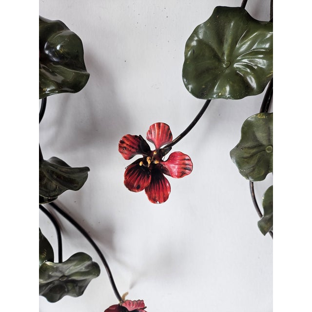 Italian Wonderful 50s Tole 3 Candle Wall Sconces With Nastirtium Flowers and Leaves - A Pair For Sale - Image 3 of 6