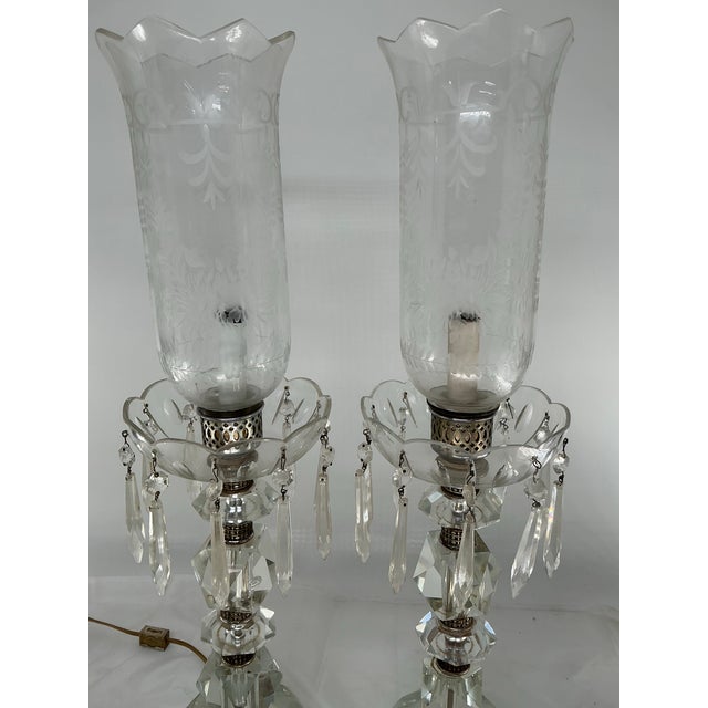 Art Deco Pair of Vintage Hurricane Cut Crystal Table Lamps For Sale - Image 3 of 12