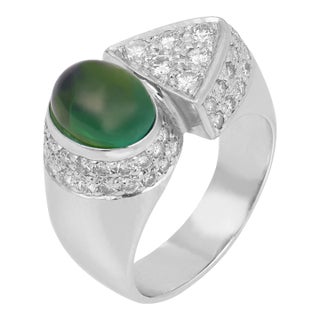 Vintage Tourmaline Diamond 18k White Gold Ring, Size 5.5 For Sale