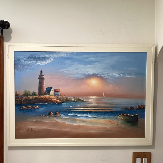 Vintage Seascape Lighthouse Sunset on the Beach Oil Painting on Canvas by M . Gartland For Sale - Image 12 of 12