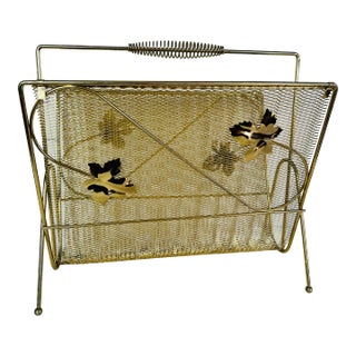 Vintage 1950s Gold Metal Leaf Handled Magazine Rack For Sale