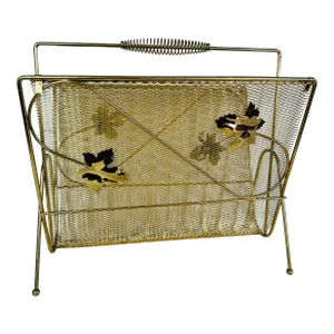 Vintage 1950s Gold Metal Leaf Handled Magazine Rack