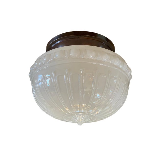 1910s Large Embossed Cast Glass Flushmount Fixture Circa 1910 For Sale - Image 5 of 5
