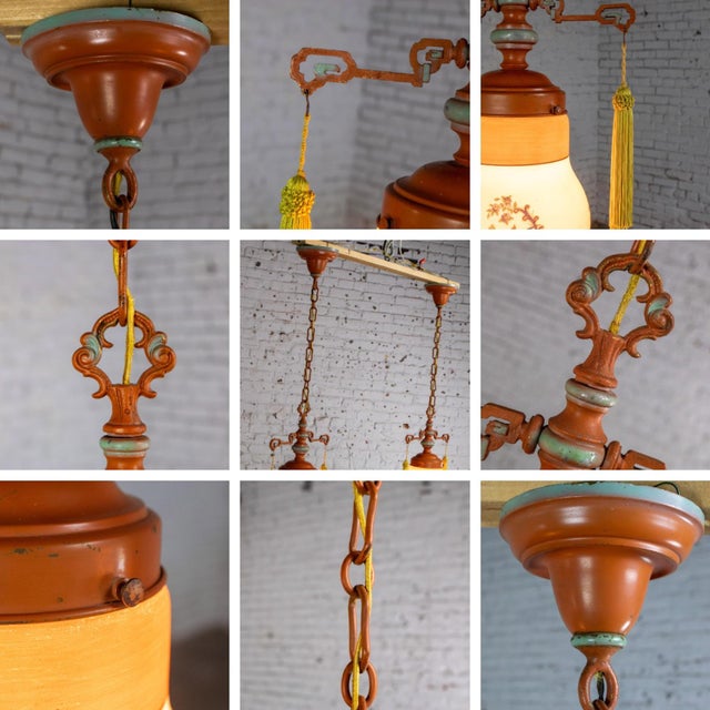 Early 20th Century Chinoiserie to Art Deco to Art Nouveau Pendant Lights Hand Painted Avian a Pair For Sale - Image 17 of 18