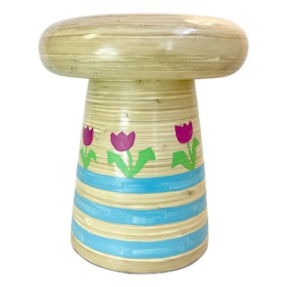Vintage Boho Chic Bamboo Mushroom Garden Stool-Drinks Table - Hand Painted, Signed Jen Lee. For Sale