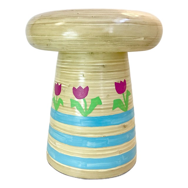 Vintage Boho Chic Bamboo Mushroom Garden Stool-Drinks Table - Hand Painted, Signed Jen Lee. For Sale