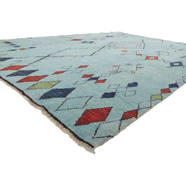 Vintage Aqua Blue Moroccan Area Rug 10'03 x 14'02. Showcasing a bold expressive tribal design, incredible detail and...