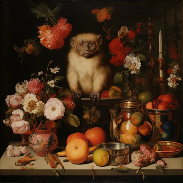 Realism Framed 30' X 30' Collector Fine Art Print 'Still Life With Fruits, Flowers and Monkey' For Sale - Image 3 of 6