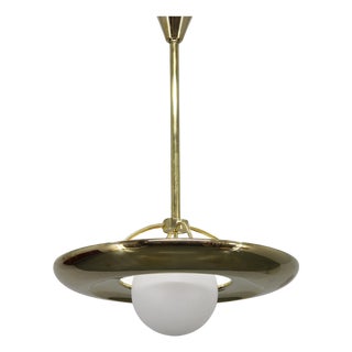 Art Deco Brass Pendant Light with White Glass, Czechoslovakia, 1930s For Sale
