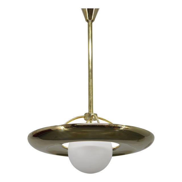 Art Deco Brass Pendant Light with White Glass, Czechoslovakia, 1930s For Sale