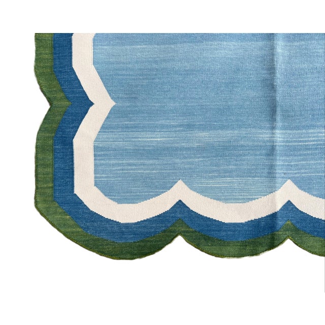 Not Yet Made - Made To Order Handmade Cotton Vegetable Dyed Scalloped Edge Rug Sky Blue With Forest Green Border - 10'x14' For Sale - Image 10 of 11