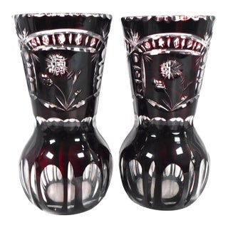 1950s Pair of Two Small Red Cut to Clear Vases For Sale