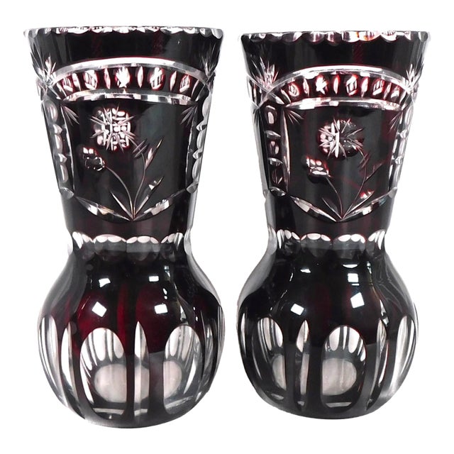 1950s Pair of Two Small Red Cut to Clear Vases For Sale