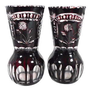 1950s Pair of Two Small Red Cut to Clear Vases