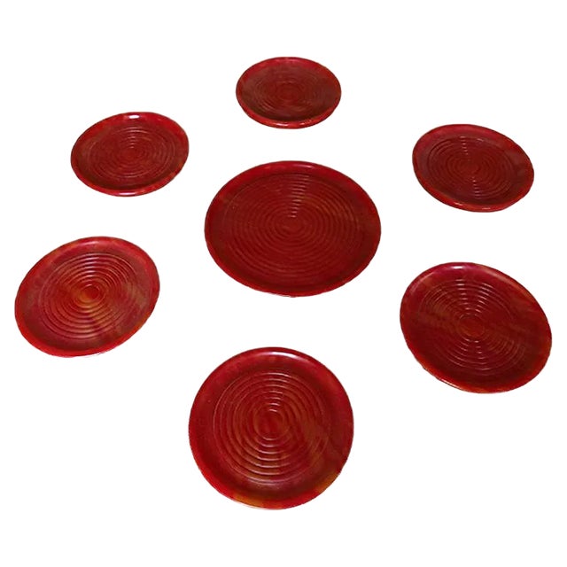 Art Deco Red & Yellow Bakelite Coasters, Set of 7 For Sale