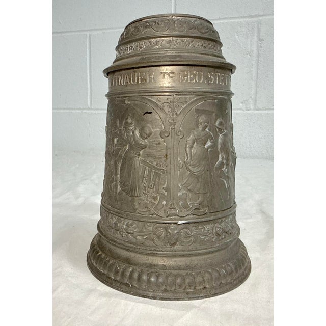 Antique Ornate 1900 Figural German Pewter Lidded Engraved Relief Beer Stein Mug For Sale - Image 14 of 15