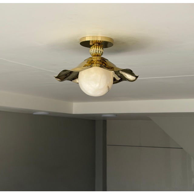 Not Yet Made - Made To Order Wavy Brass Flush Mount Light With Alabaster Globe For Sale - Image 5 of 13