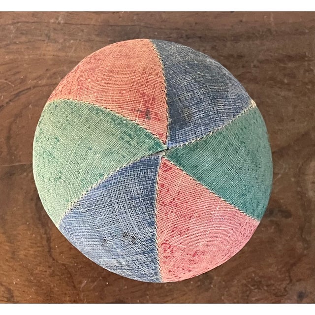 Victorian Antique 19th Century American Folk Art Victorian Child's Toy Oil Cloth Harlequin Ball For Sale - Image 3 of 15