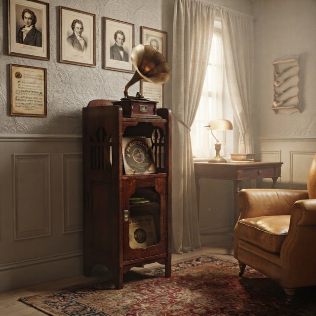A Jugendstil-style gramophone and sheet music cabinet. The upper section of the piece features an open shelf—originally...