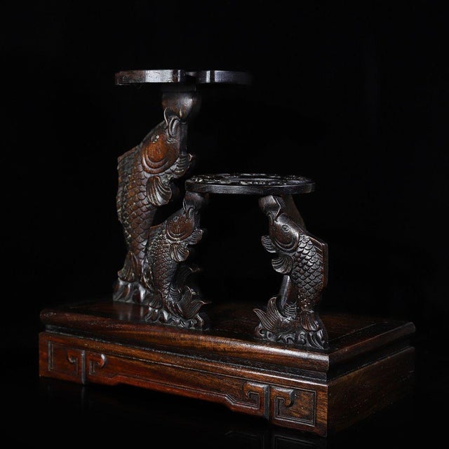 Vintage Chinese Huali Rosewood Wine Rack | Carved Lotus & Carp Motif Display Stand For Sale - Image 4 of 9