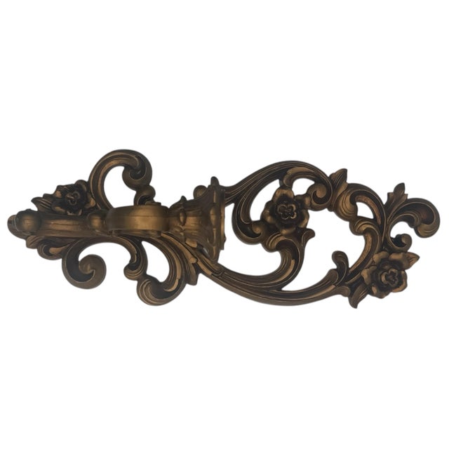 1970s 1971 Homco Hollywood Regency Gold Floral Wall Candle Sconce For Sale - Image 5 of 10