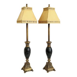 Lamps Maitland Smith Black Marble Pair & Silk Shades For Sale