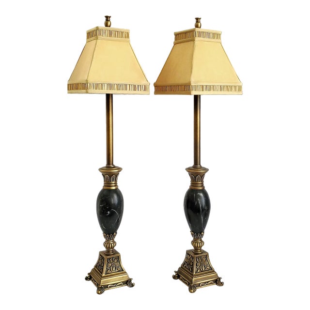 Lamps Maitland Smith Black Marble Pair & Silk Shades For Sale