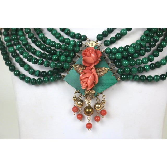 Early 20th Century 14k Gold Eight Strand Malachite, Coral Collar Necklace-Stunning For Sale In West Palm - Image 6 of 7