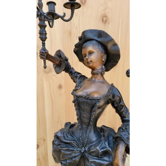 Bronze Antique Neoclassical French Spelter Bronze Candelabra Statues - Set of 2 For Sale - Image 8 of 9