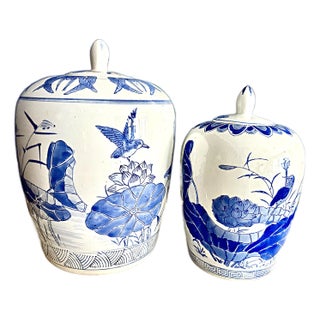 Blue and White Kingfisher Ginger Jars - A Pair For Sale
