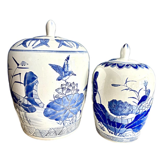 Blue and White Kingfisher Ginger Jars - A Pair For Sale