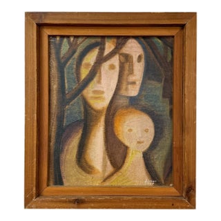 Brutalist Figurative Oil Painting Signed Simon 1970 Postmodern Figures Art For Sale