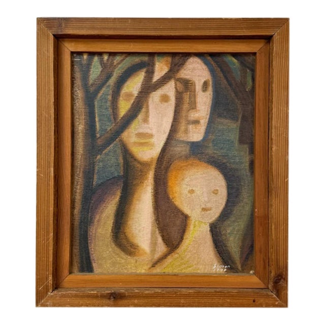 Brutalist Figurative Oil Painting Signed Simon 1970 Postmodern Figures Art For Sale