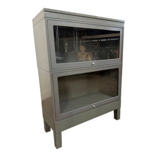 Vintage Industrial Steel Barrister Bookcase With Glass Lift-Up Doors For Sale