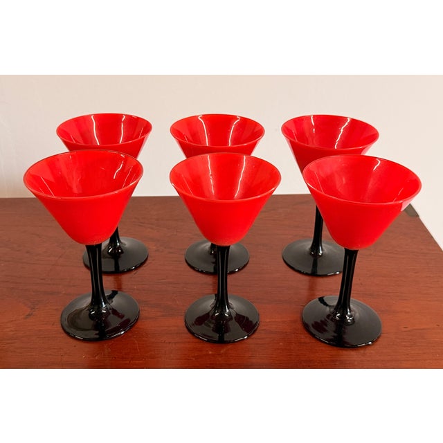 Vintage 1930's Art Deco Red & Black Cordial Cocktail Glasses - Set of 6 For Sale In Providence - Image 6 of 9