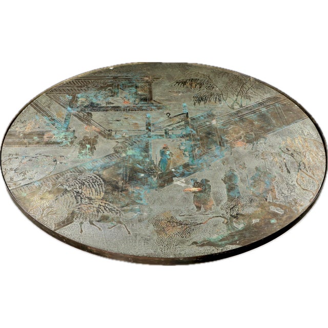 This is an iconic Philip and Kelvin Laverne "Chan" coffee table made of acid etched brass over pewter over wood and...