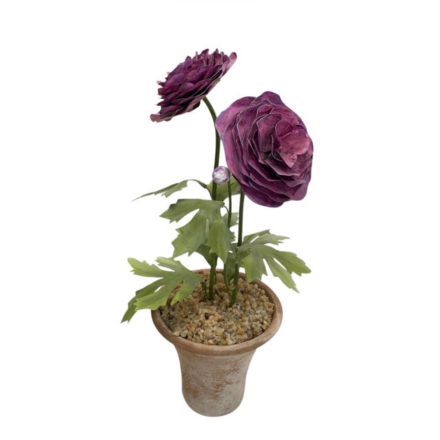 Vintage Toleware Purple Ranunculus Topiary Arrangement in Terracotta Pot For Sale In West Palm - Image 6 of 12