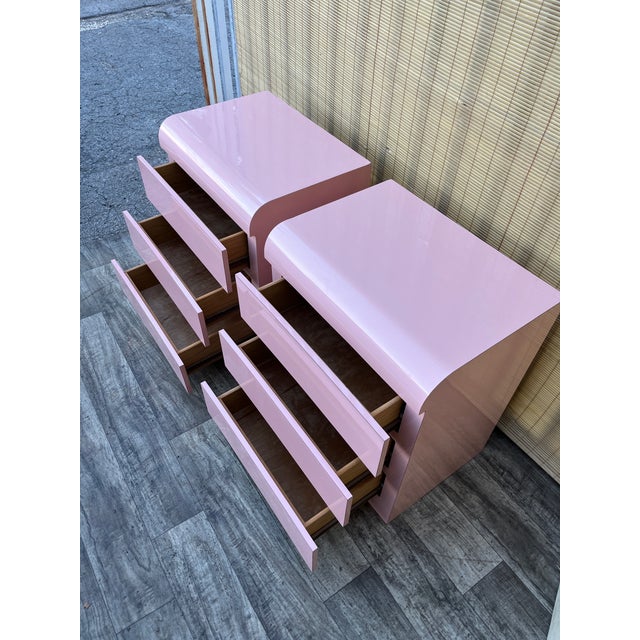 A Pair of Custom Made Postmodern Pink Waterfall Formica Nightstands. Circa 1980s For Sale - Image 17 of 18