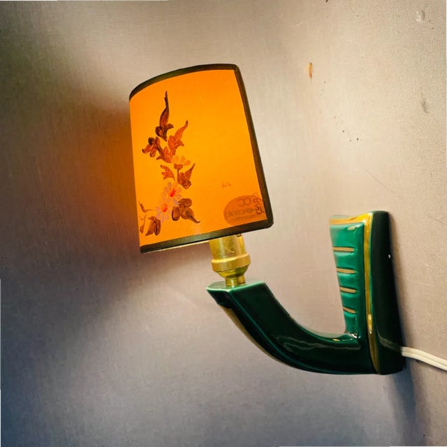 French Art Deco Green Ceramic Wall Sconces with Hand-Painted Half Shades, 1940s, Set of 2 For Sale - Image 9 of 16