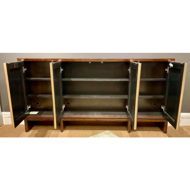Original retail $3405, stylish Revelation Modern Ombré Luster Narrow Console Table, American walnut finished wood case,...