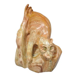 Vintage Seymour Shuren Modern Pink Carved Marble Abstract Panther Cat Sculpture For Sale