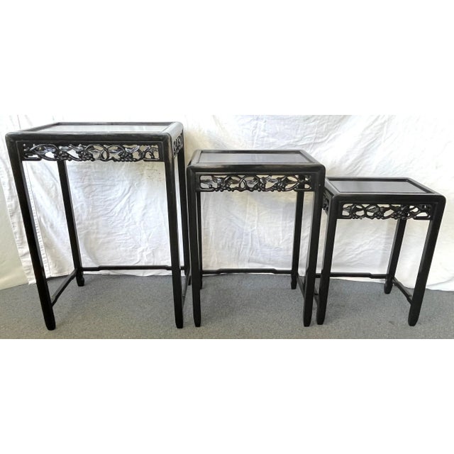 Mid-Century Modern Mid Century Modern Chinese Carved Wood Nesting Tables in Ebony Finish- Set of 3 For Sale - Image 3 of 13