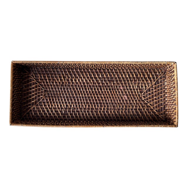 Woven Brown Rattan Rectangular Storage Catchall Tray For Sale