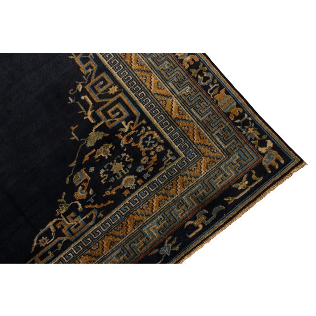 Antique Samarkand Rug Art Deco Blue and Gold Pattern For Sale - Image 4 of 8