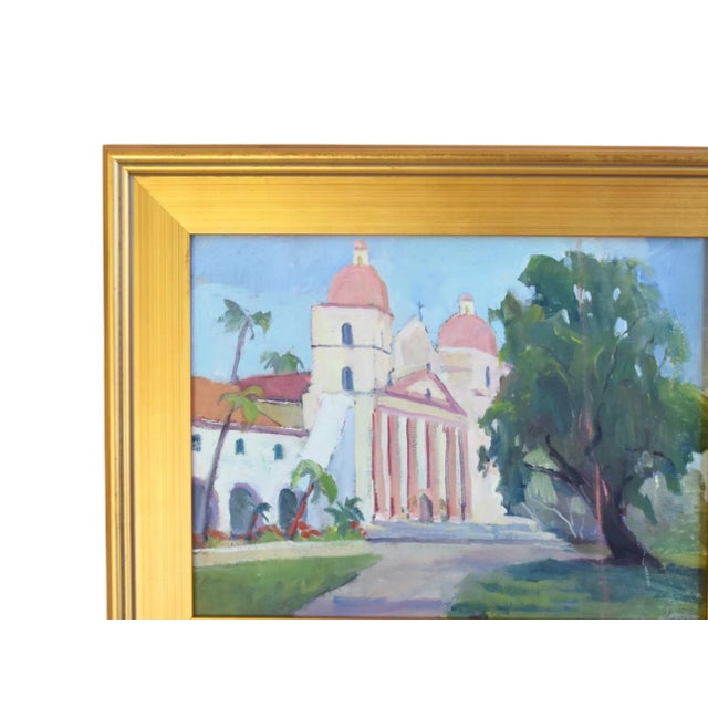 Santa Barbara Mission Church Landscape by Listed Artist Silvio Silvestri Oil Painting Including the Antiqued Gold Wood Frame For Sale - Image 4 of 9