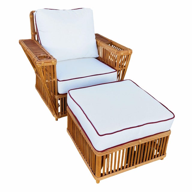 1990s Art Deco Presidents Stick Reed Rattan Nantucket Lounge Armchair & Ottoman Set For Sale - Image 5 of 12