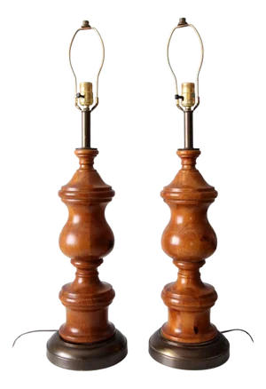Vintage Wood Baluster Table Lamps Pair
