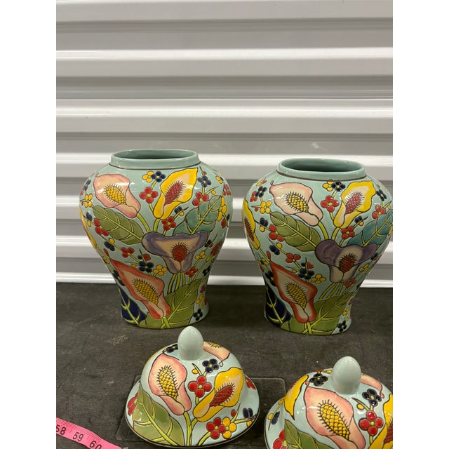 Aqua Hand Painted Floral Colorful Ceramic Ginger Jars With Lids - A Pair For Sale - Image 8 of 8